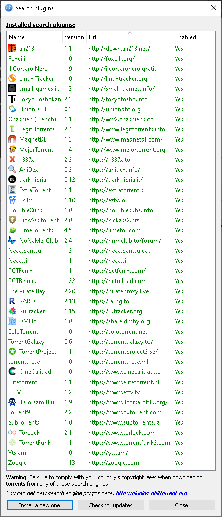 &quot;Search plugins. Warning: Be sure to comply with your country's copyright laws when downloading torrents from any of these search engines. You can get new search engine plugins here: http://plugins.qbittorrent.org&quot;.